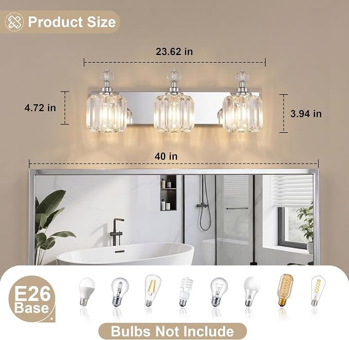 Chrome Light Fixtures, 3 Light Bathroom Vanity Light with 42pcs Crystal Sheet, 22in Modern Vanity Light, Bathroom Lighting Fixtures Over Mirror