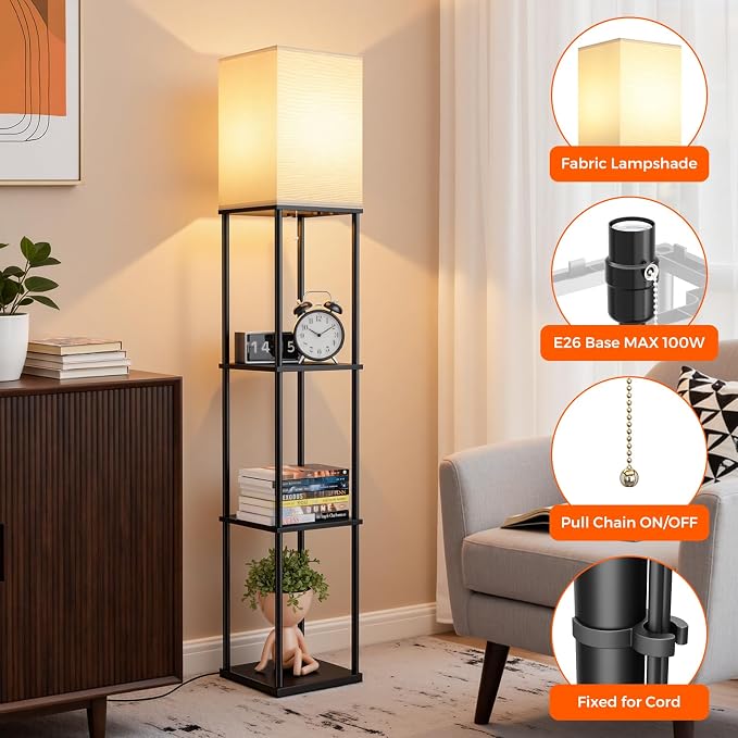 2-Pack Floor Lamp with Shelves, 3-Tier Square Bookshelf Standing Lamp | 3 Color Temperature Bulb Included, Pull Chain Square Tall Lamp for Living Room Bedroom Corner Office Apartment Decor