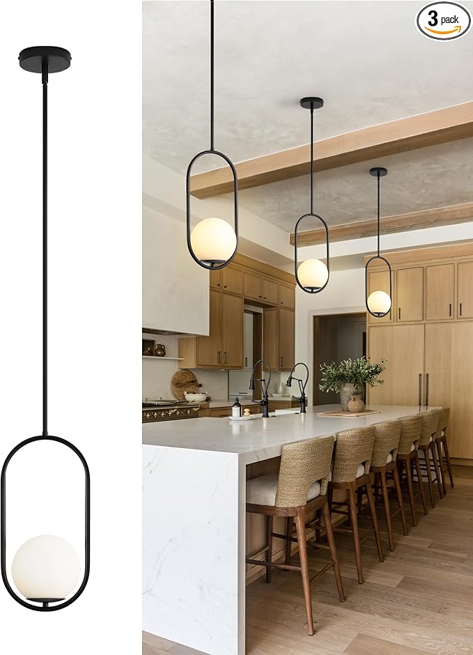 Yunnix 3 Pack Pendant Lights Kitchen Island, Pendant Light Fixtures, Modern Black Globe Glass Pendant Lighting, Mid Century Chandelier One Light for Bathroom Bedroom Dining Room