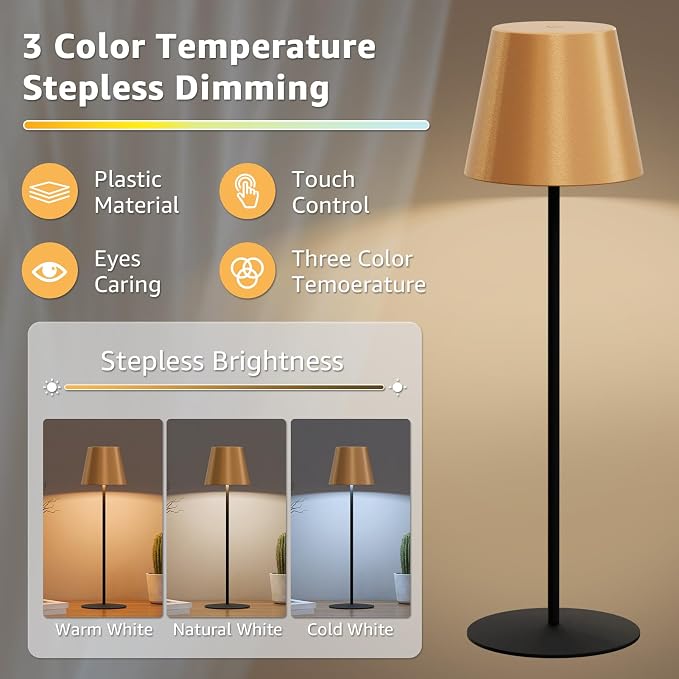 uuffoo 2 Pack Cordless Table Lamp Rechargeable 5000mAH Battery Operated Lights Touch Control LED Portable Desk Lamps 3 Color Dimming for Outdoor Coffee Bedroom Kitchen (Gold+Black)