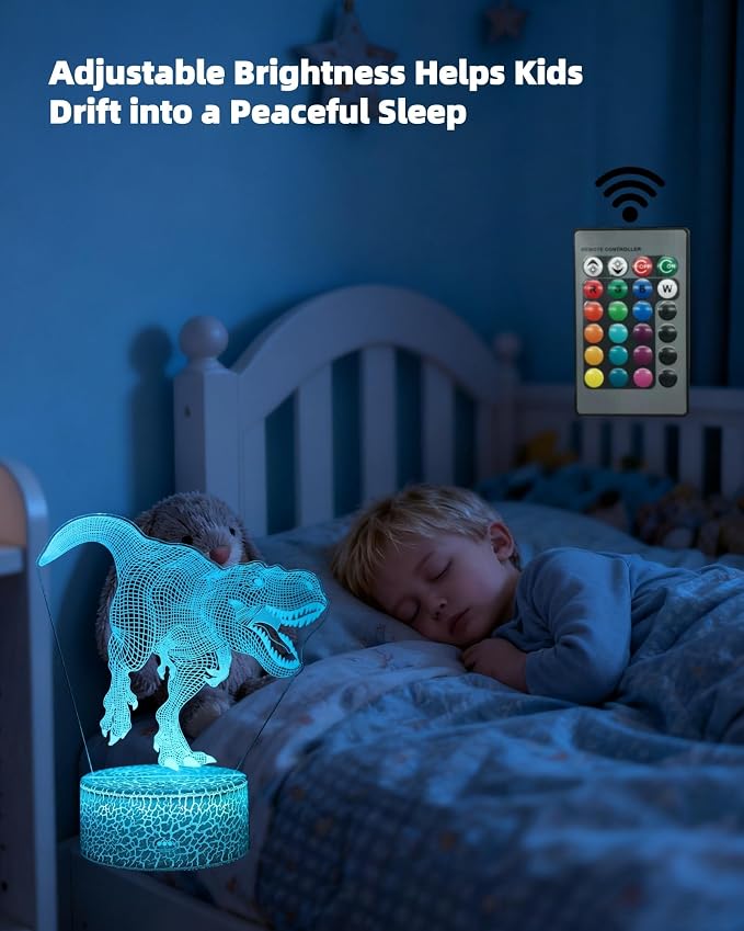 Dinosaur 3D Illusion LED Night Light, 5 Patterns, Kids Lighting | 16 Colors Changing, Dimmable, Smart Touch & Remote Control, Bedroom Room Décor Lamp, Gift Jurassic Toy Toddler Teen Boy Girl