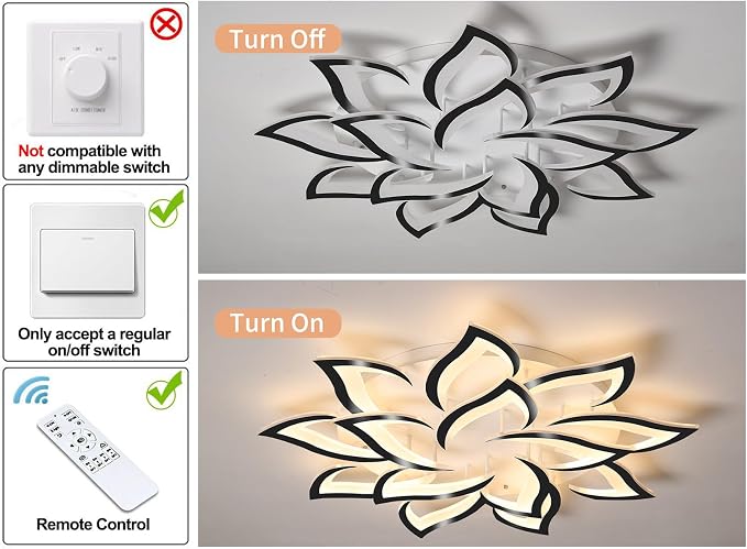 Garwarm 39.3" Modern LED Low Profile Flush Mount Ceiling Light, Dimmable | Black Acrylic Flower 14 Petal Ceiling Light with Remote, 3000K-6500K, Memory for Living Room,Primary Bedroom and Dining Room