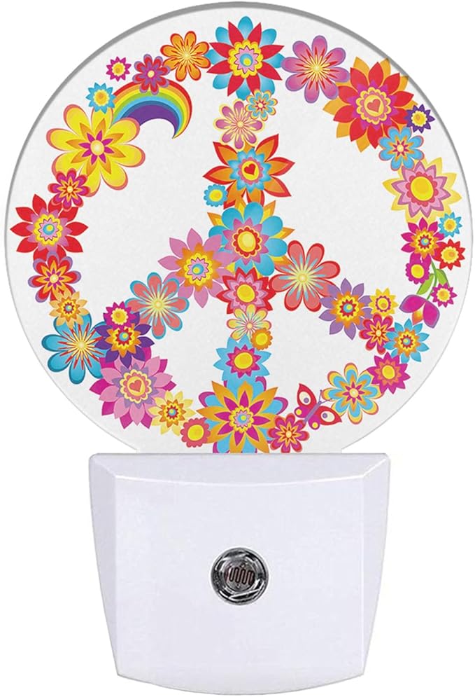 EKOBLA Peace Sign Floral Night Lights Plug into Wall Peace and Love Colorful Flowers LED Dusk to Dawn Plug-in Nightlights Auto Sensor for Home Indoor Bathroom Hallway Kitchen