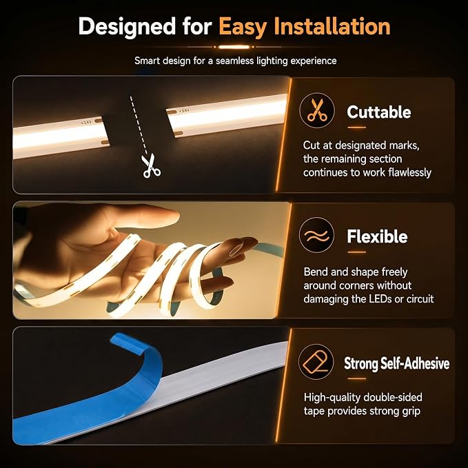 GUPUP 16.4ft COB Turnable Rope Light, Warm White LED Strip Light, 3000K 24v | 1600 LEDs Density Lighting Strip with Dimmable Switch, 3M Adhesive, CRI≥90 for Cabinet, Kitchen, Mirror, Home Decoration