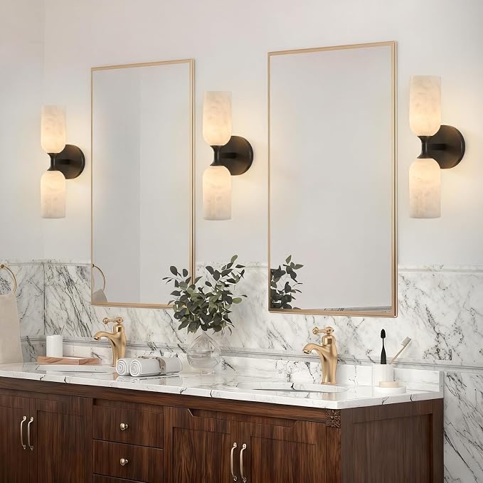 14" Alabaster Wall Sconce, Antique Oil Rubbed Bronze Black Brass | Natural Spanish Alabaster, Unique Marble Pattern, Solid Aged Brass, Elegant Statement Design, Horizontal or Vertical Mounting