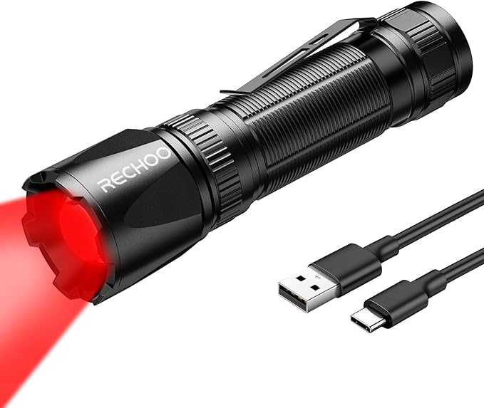 RECHOO Red Light Flashlight, High-Powered 3 Modes Red LED Rechargeable Flashlights with Clip & Lanyard, Zoomable and Portable Red Flashlights for Hunting, Astronomy, Aviation, Night Observation