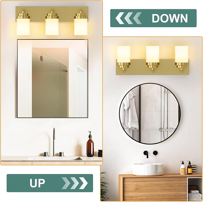 IZORRO Bathroom Vanity Light Fixture, 3-Light 22 Inch Gold Bathroom Light Fixtures Over Mirror, with White Glass Shade, Modern Farmhouse Vanity Lights, Rustic Restroom Lighting Fixtures