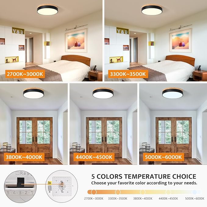 Yiisem Dimmable Wood LED Flush Mount Ceiling Light, Black, 11.8 in | 5CCT 2700K-6000K Modern Close to Ceiling Lighting Fixtures, Round Ceiling Lamp for Bedroom, Kitchen, Hallway, Laundry Room