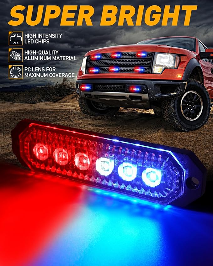 HLauto 406T Emergency Strobe Grille Lights: 4Pcs 6 LED Sync Feature Safety Warning Flashing Light, 12V-24V Ultra Slim Surface Mount Hazard Caution Light for Truck, Vehicle, Car, ATV, UTV (Red Blue)