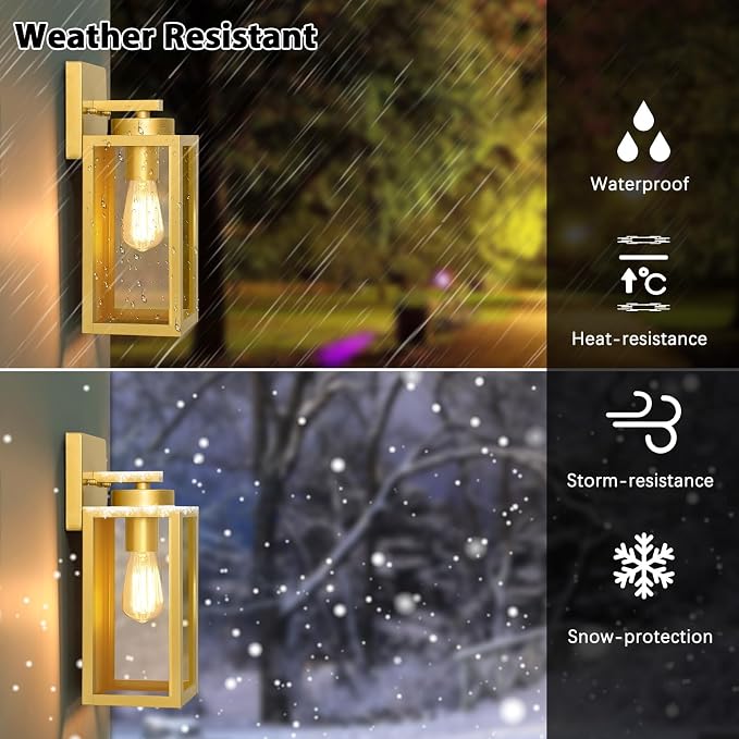 Outdoor Wall Light Fixtures, Gold Exterior Wall Lanterns | Waterproof Metal Construction, Rust-resistant, Quick & Easy Installation, Clear Glass Shades & Standard E26 Socket
