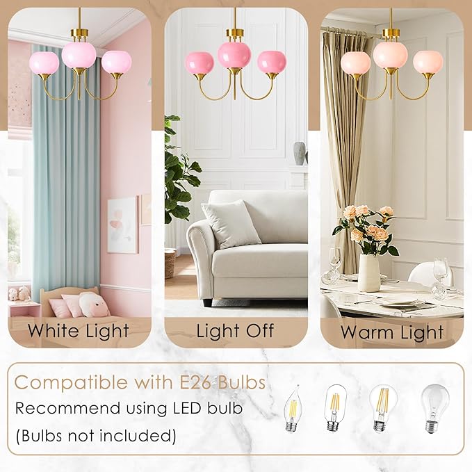 Pink Glass Globe Chandelier 3 Light Mid Century Modern Chandeliers with Rod Vintage Art Decor Ceiling Light Fixtures for Dining Room Kitchen Living Room