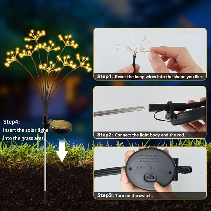 Solar Garden Lights, New Upgraded 6 Pack Solar Swaying Starburst Light, Waterproof Fireworks Outdoor Lights, Yard Patio Pathway Decoration, Warm White