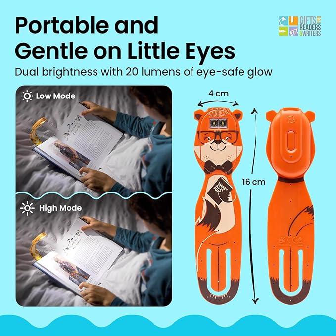Gifts for Readers & Writers Rechargeable Book Light for Kids, Clip On Reading Light for Bed, 2in1 Flexilight Pals & Bookmark, 12 Hours of Light Once Charged, Includes USB Cable & 2 LED Lights, Fox