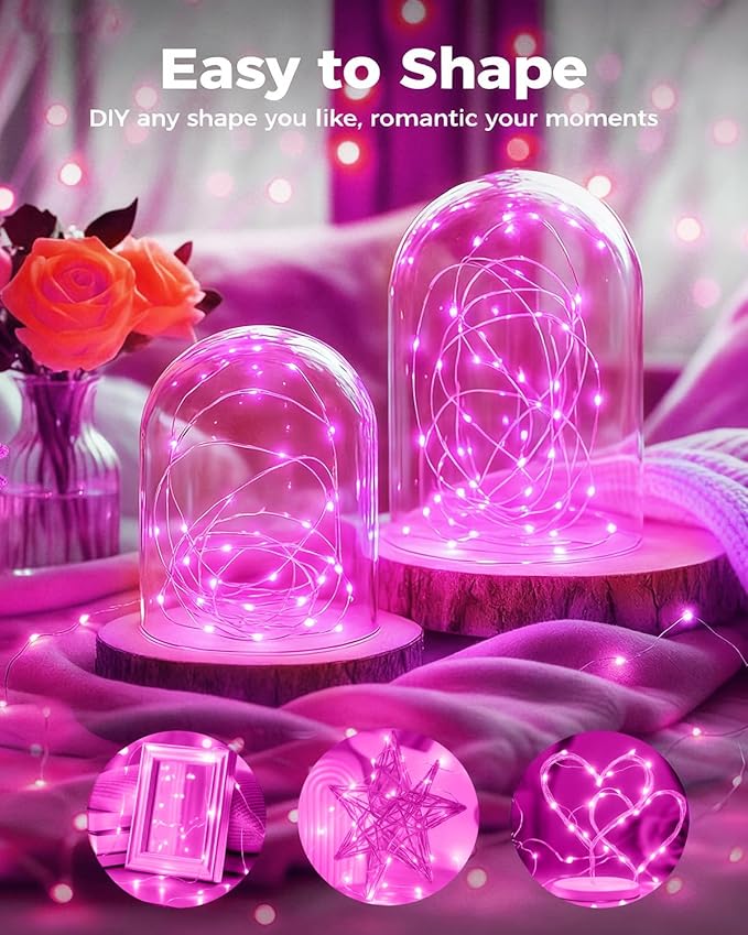 btfarm 12 Pack Fairy Lights Battery Operated, 7FT 20 LED Mini String Lights Waterproof Silver Wire for Mason Jars Centerpiece Table Crafts Bedroom Christmas Decoration, Pink