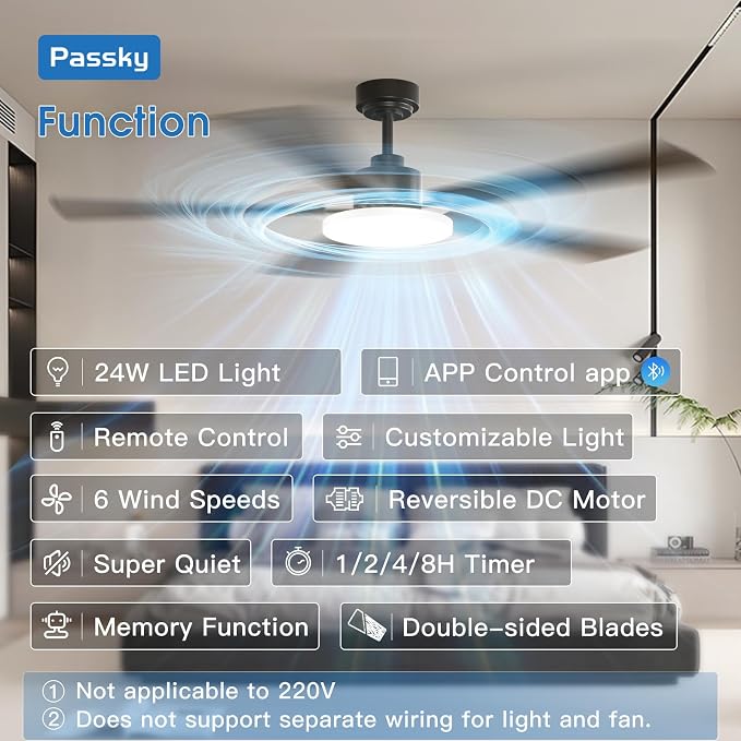 Passky 60 Inch Black Sleek Ceiling Fans with Lights, Remote Control | 3-color dimmable light, quiet reversible DC motor, easy install, memory, Timer, APP, bedroom, covered outdoor areas
