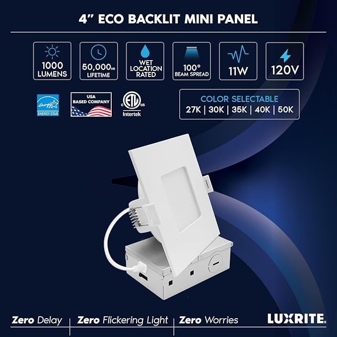 LUXRITE 4 Inch LED Recessed Light, ECO Backlit Mini Panel Spotlight, 5CCT 2700K-5000K, 1000 Lumens, High Output, 11 Watts, Dimmable, IC Rated, Wet Rated, ETL Listed, Energy Star, Square (4 Pack)