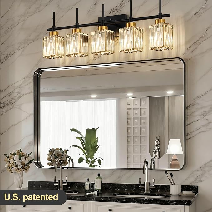 Torondo Modern Crystal Bathroom Vanity Light 5-Lights Gold Bathroom Light Fixtures Over Mirror Black and Gold Vanity Lighting Fixtures Gold Square Shade Brass Wall Sconce (Bulbs Not Include)