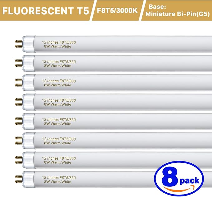 Konideke 8 Pack F8T5/WW Fluorescent Bulbs Warm White 3000K, 12 inch Under Cabinet Light Bulb, T5 8 Watt Fluorescent Tube Soft White, G5 Mini Bi 460 Lumens No Dimmable