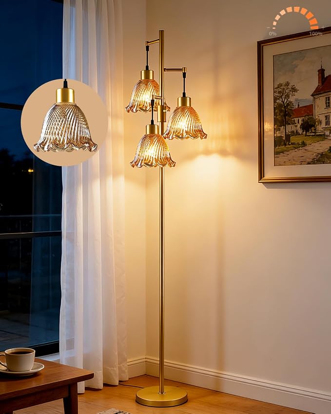 Lightdot Glass Floor Lamps for Living Room, 3-Light Dimmable Floor Lamp with Amber Glass Shade& E12 Bulbs Included, Mid Century Standing Tall Lamp with 5Lbs Heavy Base for Bedroom/Sofa Beside-Gold