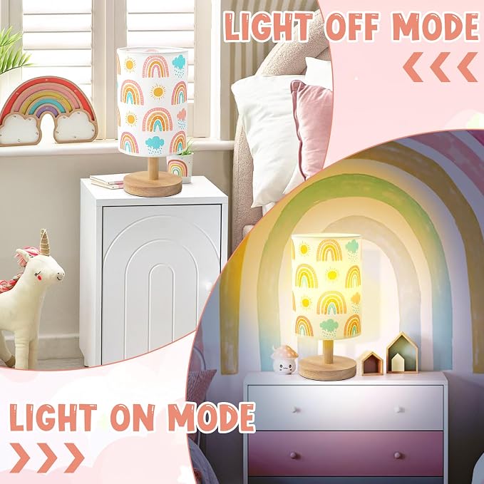 Rainbow Table Lamp for Kids Bedroom - Boho Rainbow Kids Bedside Lamp with Linen Wooden Nightstand Cartoon Nursery Lampshade for Girls Room Decor