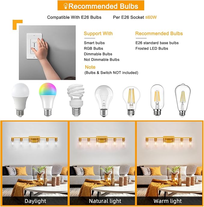 Gold 6 Light Bathroom Vanity Light Brush Gold Bathroom Light Fixtures Brass Vanity Lights for Bathrrom Large Wall Sconce with Clear Glass Shade E26 Socket