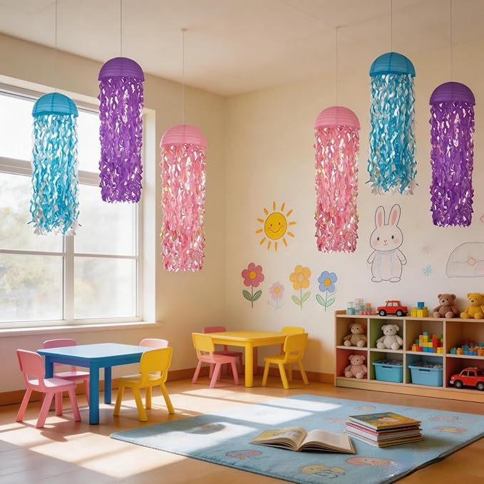 Jellyfish Paper Lanterns with LED Lights Set of 6, Purple/Pink/Blue Dome Hanging Floating Decorations for Under The Sea Party Mermaid Birthday Ocean Classroom Beach Room Aesthetic