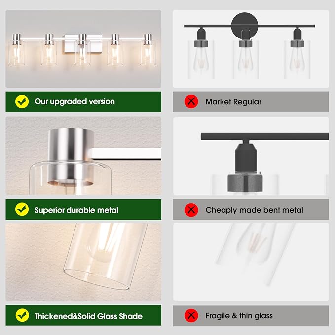 5-Light Modern Vanity Light Fixtures Over Mirror, Brushed Nickel Bathroom Light Fixtures, Vanity Lights, Wall Sconce with Clear Glass Shade for Bathroom, E26 Base