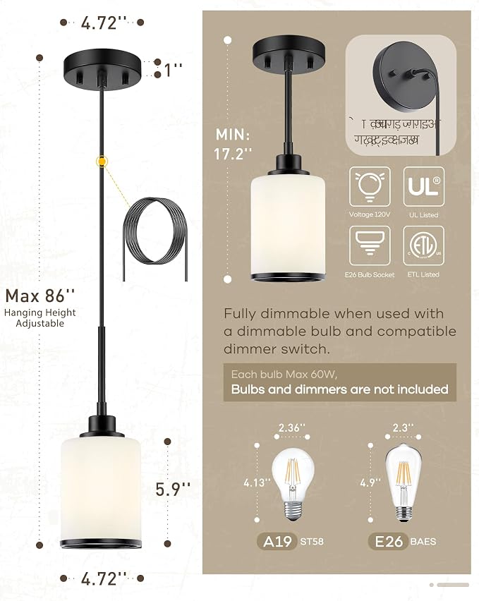 Beionxii Pendant Light Fixtures 2 Pack,Milk Glass Pendant Lights Kitchen Island, Farmhouse Pendant Lighting,Modern Hanging Pendant Lights Over Island for Dining Room Bedroom Entryway Sink,BX-PL02MB-2