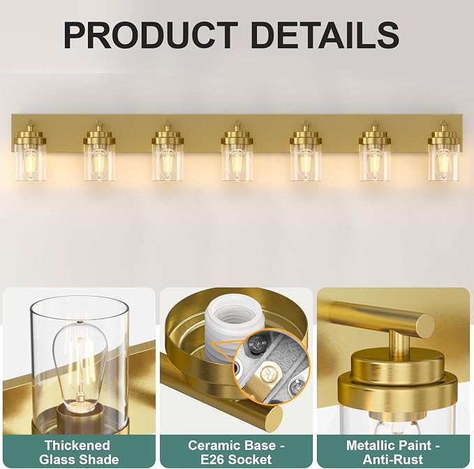IZORRO Bathroom Vanity Light Fixture, 7-Light 52 inch Gold Bathroom Light Fixtures Over Mirror, with Clear Glass Shade, Modern Farmhouse Vanity Lights, Rustic Restroom Lighting Fixtures