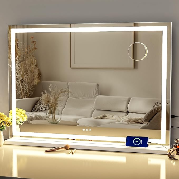 Gvnkvn Makeup Vanity Mirror with Lights 32" x 24" Large LED Makeup Mirror, Light up Mirror with 10X Magnification and USB Charging Port, Dimmable 3 Modes, Touch Screen Control Square Corner