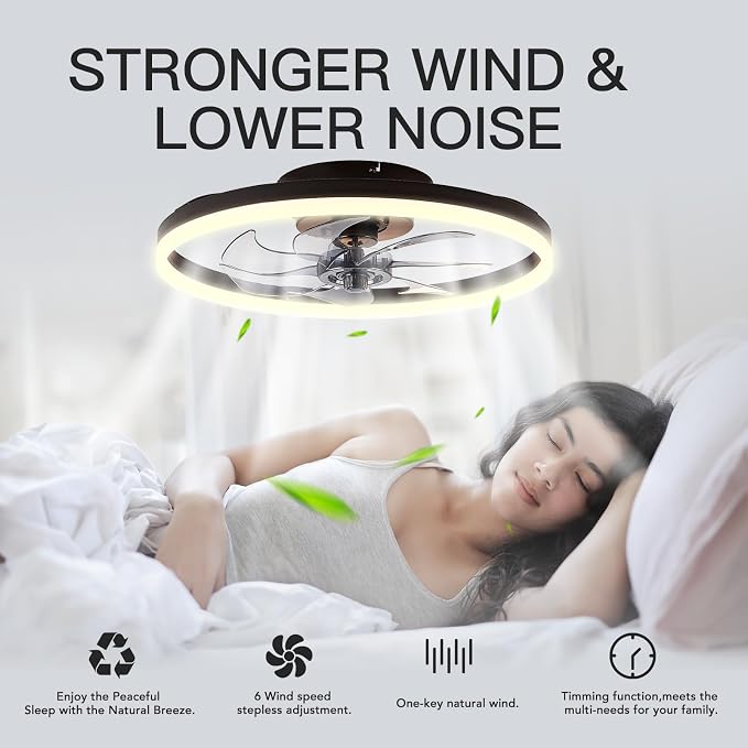 20'' Modern Low Profile Ceiling Fan with Light, Bedroom LED Ceiling Fan with Remote Control, Bladeless Flush Mount Black Fan Lights Ceiling Fixtures for Living Room,Small Room