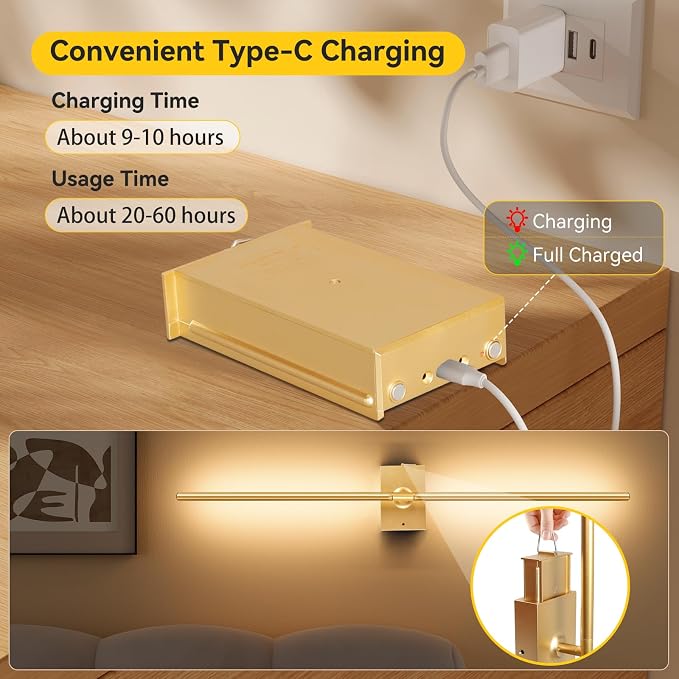 Battery Operated Wall Sconces Set of 2, 10000mAh Wireless Rechargeable 3000-6000K Dimmable 350° Rotate Wall Light with Remote for Living Room, Bedroom 23.6in Gold