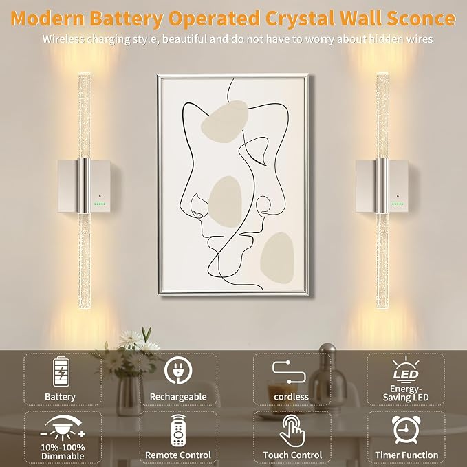 Battery Operated Wireless Wall Sconces, 2 Pack Dimmable Wall Lighting | Slypadan Extra Large Rechargeable Crystal-Inspired Bubble Modern LED Lantern for Indoor Corridor Entrance Hall, 28in Nickel