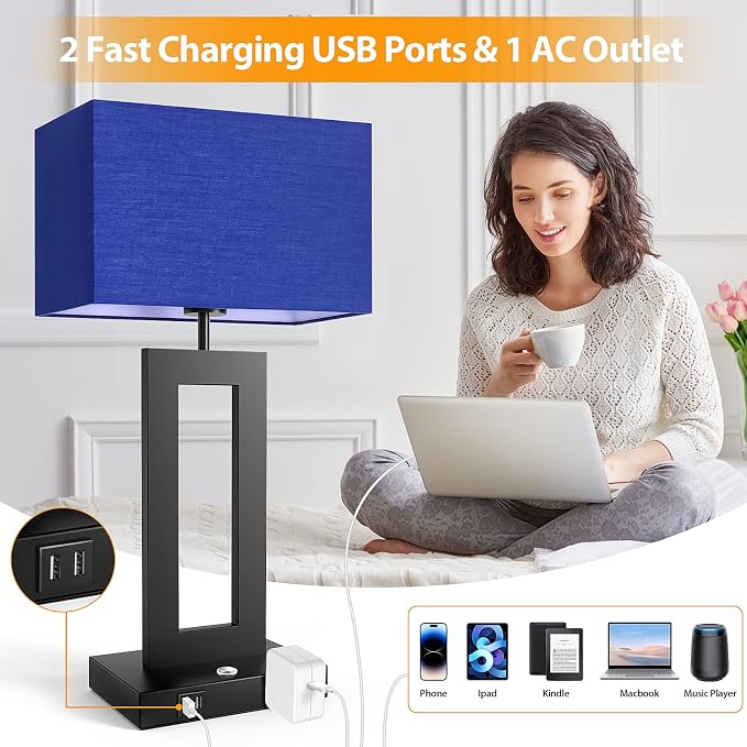 3 Color Temperatures Table Lamps for Bedrooms Set of 2, 22’’ Touch Control Bedside Nightstand Lamps with 2 USB Ports & AC Outlet, Stepless Dimmable Lamps with Blue Shade, Modern Decor for Living Room