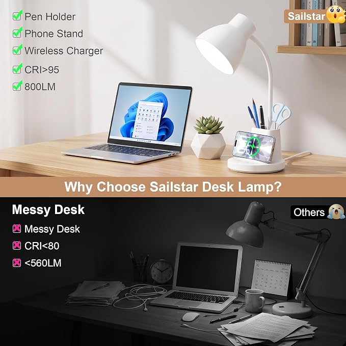 10W Wireless Charging LED Desk Lamp with Pen Holder, CRI 95, White | 800LM, 3 Modes, 360°Flexible Arm, Touch, Brightness, Table Lamp for Home Office, Dorm, Bedside, Study, Reading, with Adapter
