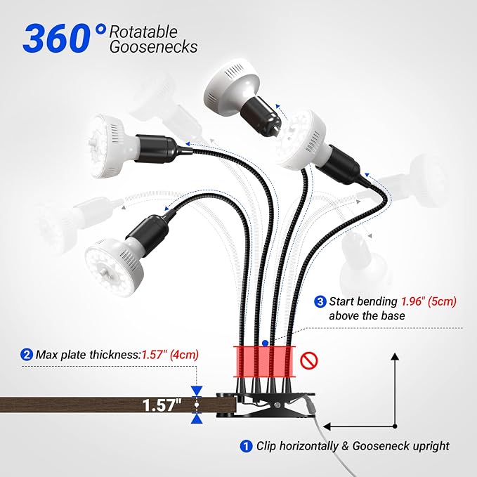 Barrina Orbgrow OG11A4 Clip On Grow Light for Indoor Plants, 5000K 44W | Integrated Stepless Dimming & Timing, Full Spectrum, High PPFD, 4 Goosenecks with E26 Plant Light Bulbs