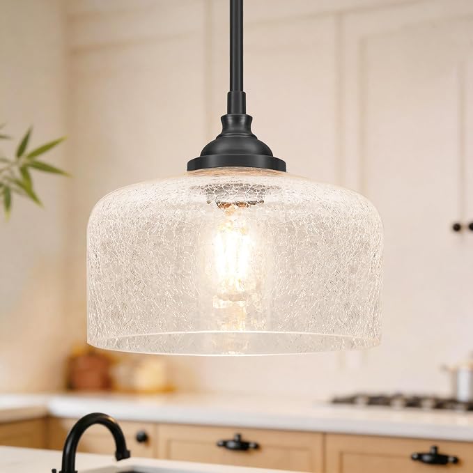 Black Vintage Pendant Lights Kitchen Island, Farmhouse Pendant Lights With Cracked Glass, Adjustable Hight & Angle Bathroom Hanging Lights Fixtures For Home Bedroom Hallway,Dining Room,E26 Socket