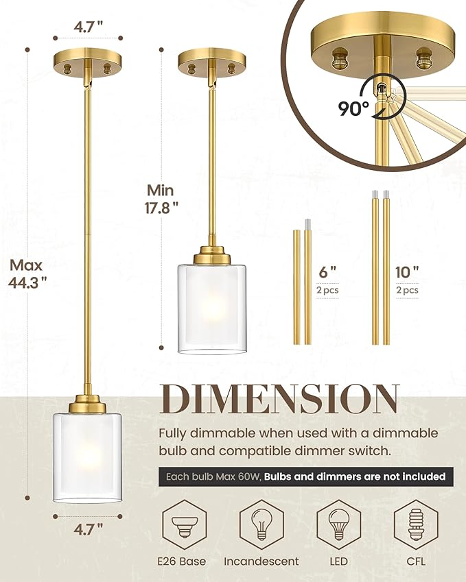 TENGXIN Modern Pendant Light,Brushed Gold Modern Pendant Light for Kitchen Island,Hanging Ceiling Light Fixture,Farmhouse Pendant Lighting for Dining Room Bedroom Bar Office 2Pack,TXPLBG02-2PK
