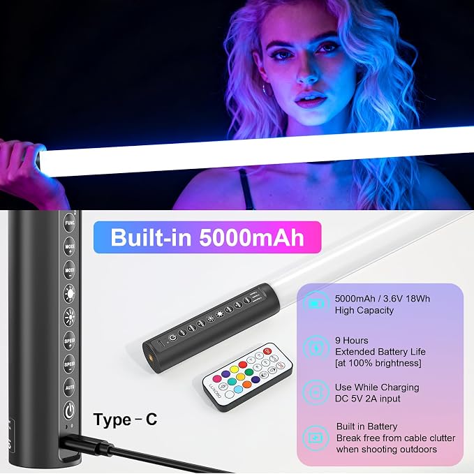 LUXCEO 2Pack 90cm RGB Tube Light Bar (3Ft) with Light Stand, 2.4G Remote Control, 5000 mAh Battery Powered LED Video Light Wand Stick for DJ Lighting, Dance Club and Photography Lighting