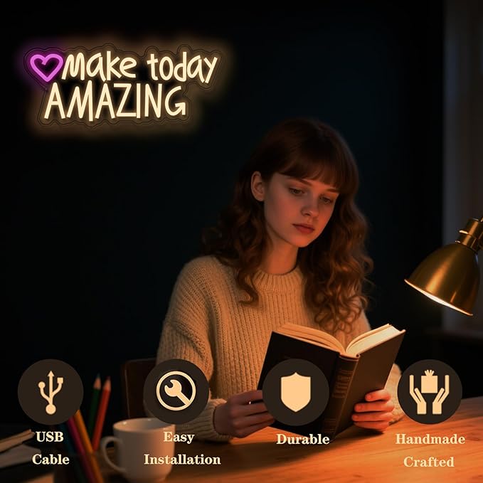 Make today Amazing neon sign, suitable for classroom wall decoration, back-to-school season, graduation season, student gifts. Dimmable, USB powered, pink heart-shaped inspirational neon light.