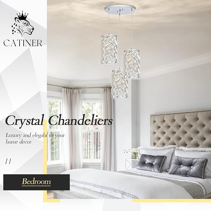 Chrome Crystal Cluster Pendant Light, 3-Light Kitchen Island Hanging Light | 3-light chrome crystal pendant with adjustable height, E26 sockets, dimmable for kitchen islands, dining rooms and bedrooms