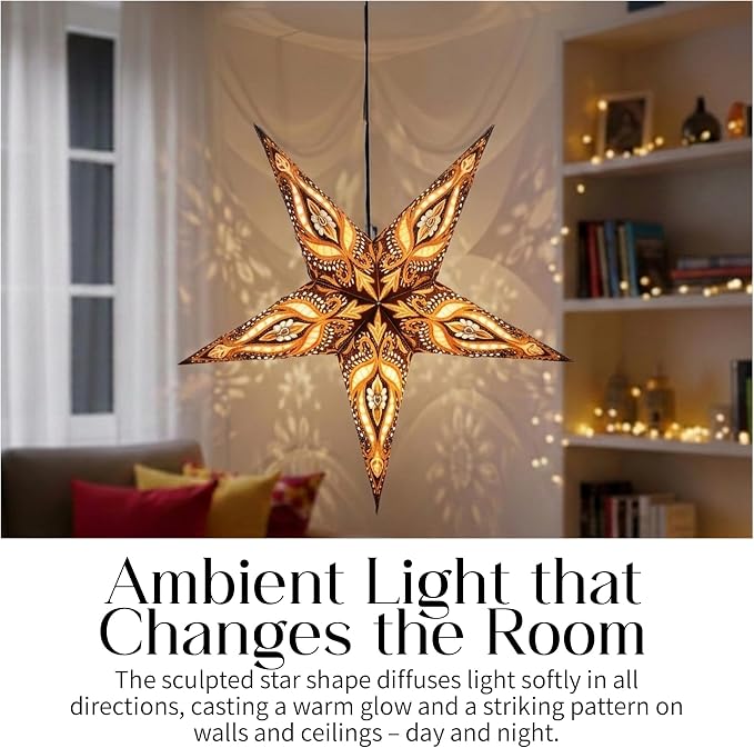 Paper Star Lantern 24 Inch - Recycled Boho Lamp Tiger's Eye | Artisan-Made in India with 12-Foot UL Approved Cord, Warm Ceiling Accent for Living Rooms, Bedrooms, Studios, and Events
