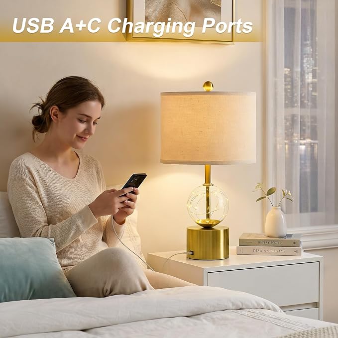 20.5" Small Bedside Table Lamps for Bedroom Nightstands, Gold Glass Modern Table Lamps Set of 2 with USB A+C Charging Port, Night Light, Luxury Lamps for Living Room End Table(Bulbs Included)