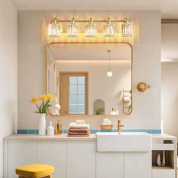 Modern Crystal Bathroom Vanity Light 5 Lights Crooked Gold Vanity Lighting Over Mirror Bathroom Wall Lighting Fixtures with Round Shade (Exclude Bulb)