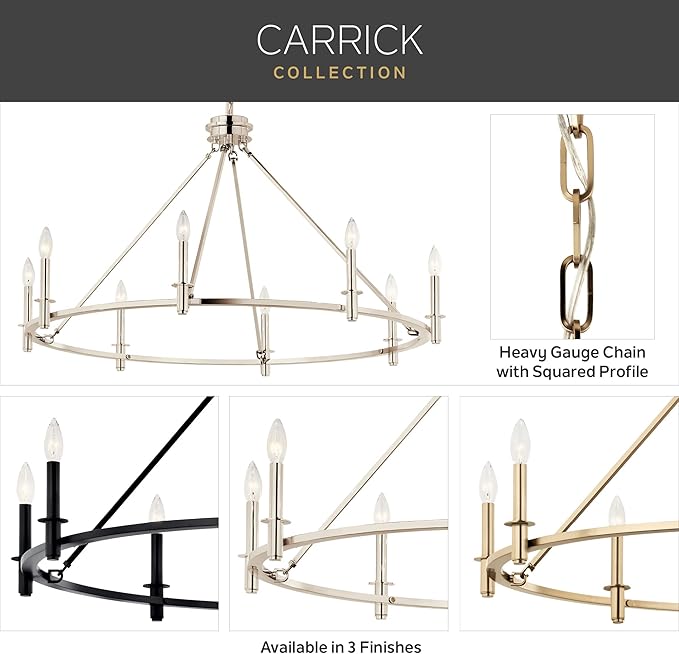 KICHLER Carrick 8-Light Chandelier, Updated Traditional Light in Polished Nickel, Sloped Ceiling Compatible, for Dining Room, Office, Foyer or Bedroom (23.7" x 40.75"), 52706PN
