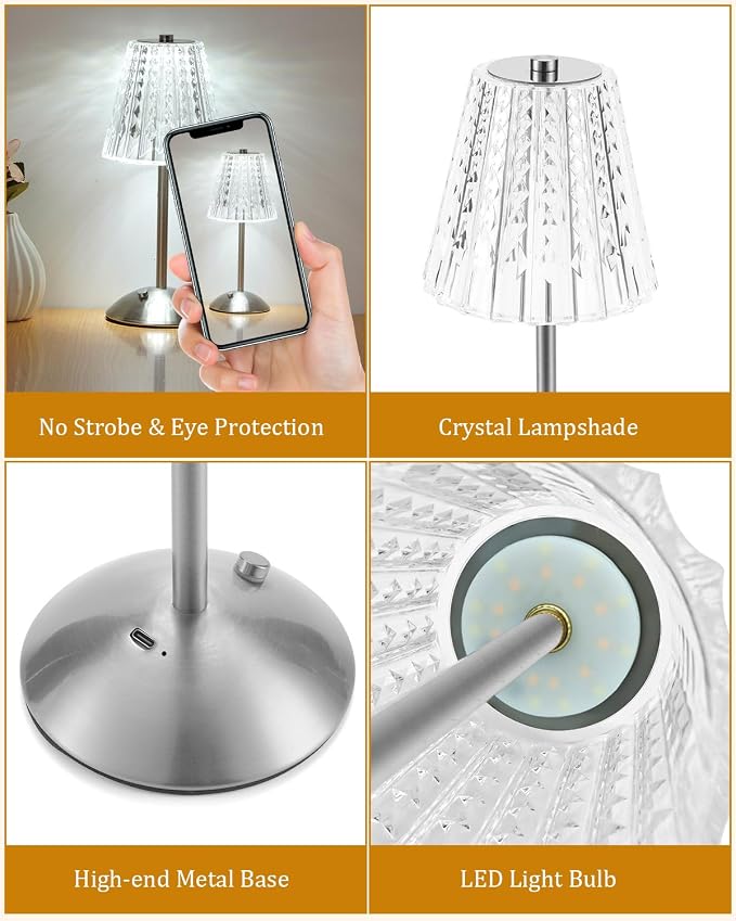 Nusogon Cordless Touch Table Lamp, LED Rechargeable Small Dask Lamp | 3 Colors Dimmable Silver Battery Operated Crystal Lamp for Bedroom Restaurant Kitchen Home Decor