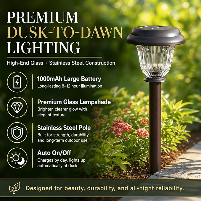 DERAYSION Solar Lights Outdoor, 6 Pack Brushed Stainless Steel Glass Solar Pathway Lights, Auto On/Off Long-Lasting Outdoor Solar Lights for Garden, Landscape, Path, Yard, 6000K Cold White | Stainless Steel Waterproof Garden Lights Auto On/Off Long-Las...