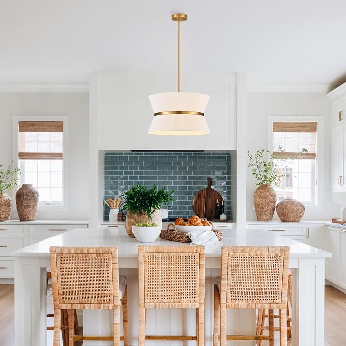 18" Hand Woven Boho Chandelier White and Brass Coastal Pendant Light for Living Dining Room Kitchen Island Cottage, UL Listed