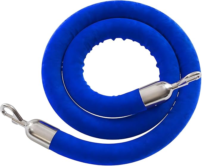 Montour Line Velvet Hanging Stanchion Rope Foam Core, 8 Foot Blue Rope with Polished Stainless Steel Snap Ends