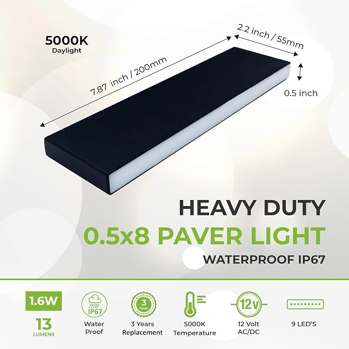 LUMENGY Paver Light Slim 0.5x8 Inch (0.55x7.87), 5000K Daylight, Glare-Free Linear Lighting for Driveways, Walkways and Paver Borders, 12V Hardwired, IP67 Waterproof, Drive-Over Rated